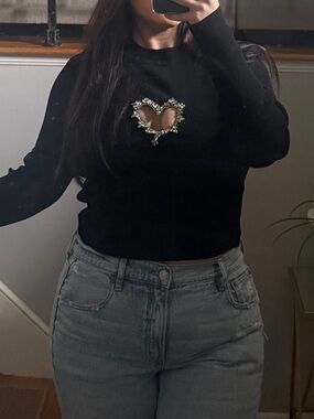 Forever 21 Black Ribbed Long Sleeve Top with Jeweled Heart Cutout